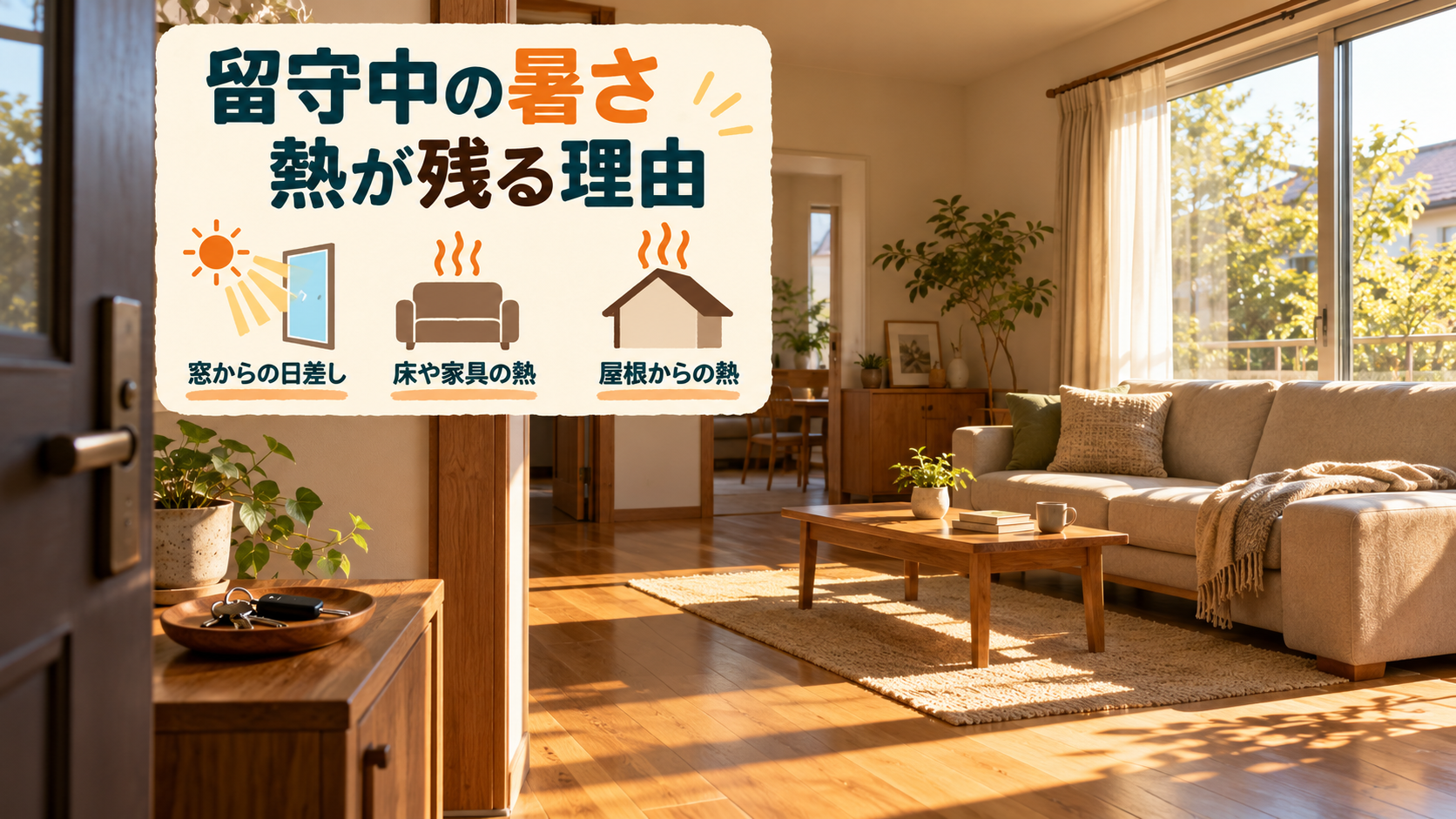 留守中に窓から入った日射で床や家具が温まり帰宅時まで熱が残るイメージ