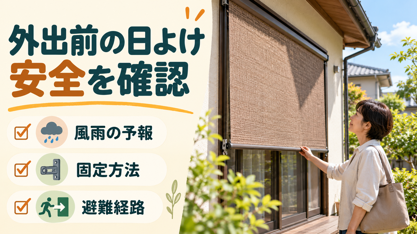 外出前に外付け日よけの固定と室内カーテンを点検するイメージ