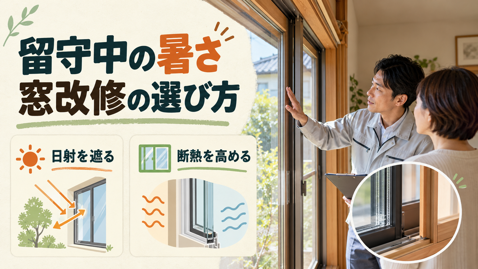 留守中の日射対策と冬の断熱を窓ごとに施工店と比較するイメージ