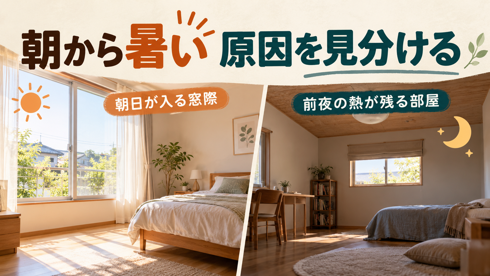 朝日が入る窓際と前夜の熱が残る2階の暑さを比較するイメージ