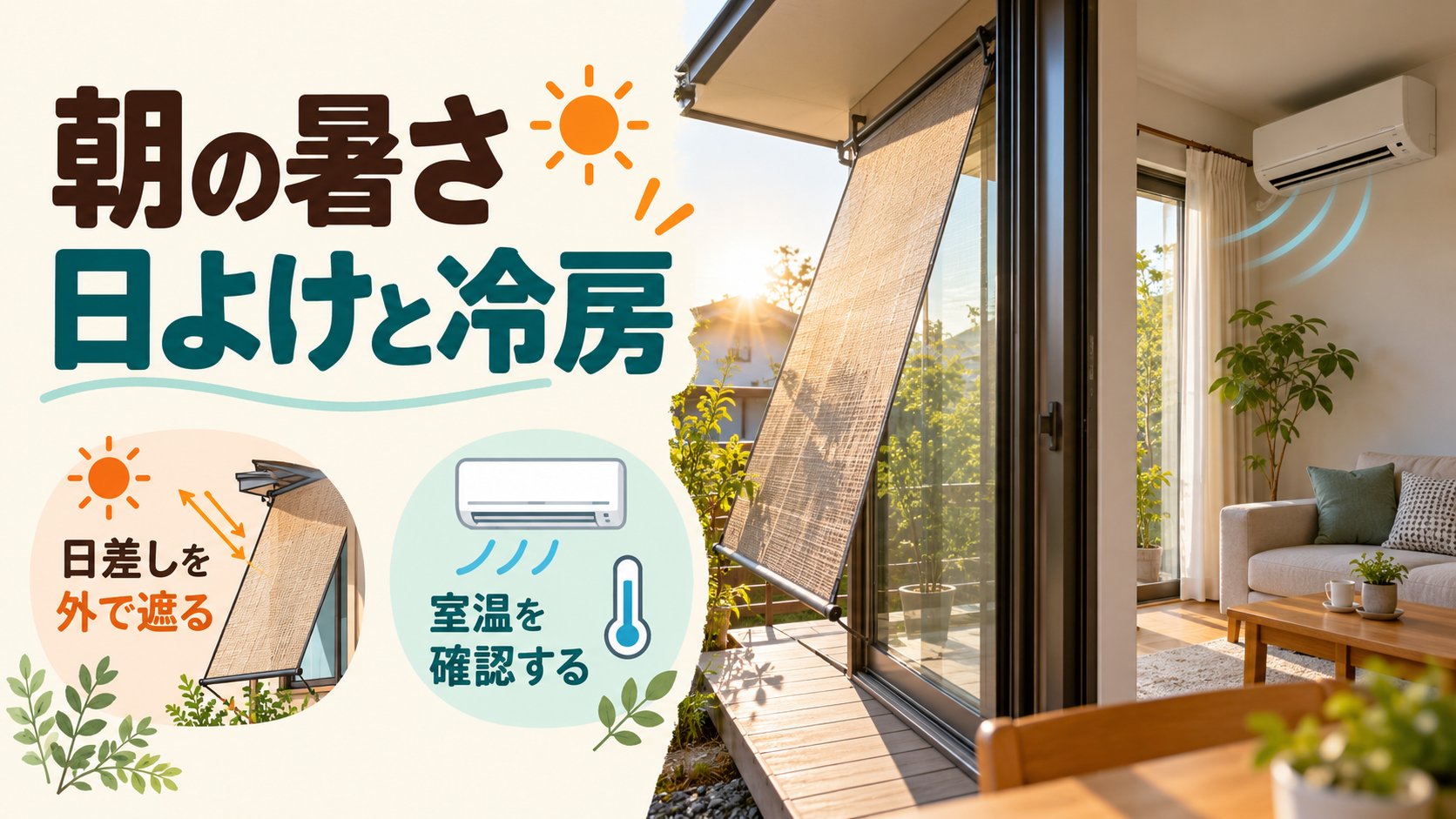 朝日を外側の日よけで遮り冷房を使って室温を管理するイメージ