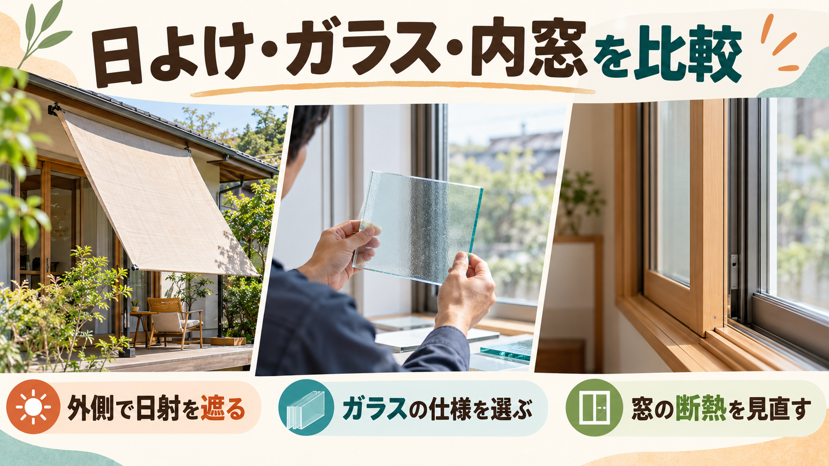 朝の暑さに対して外付け日よけ、遮熱ガラス、内窓の役割を比較するイメージ