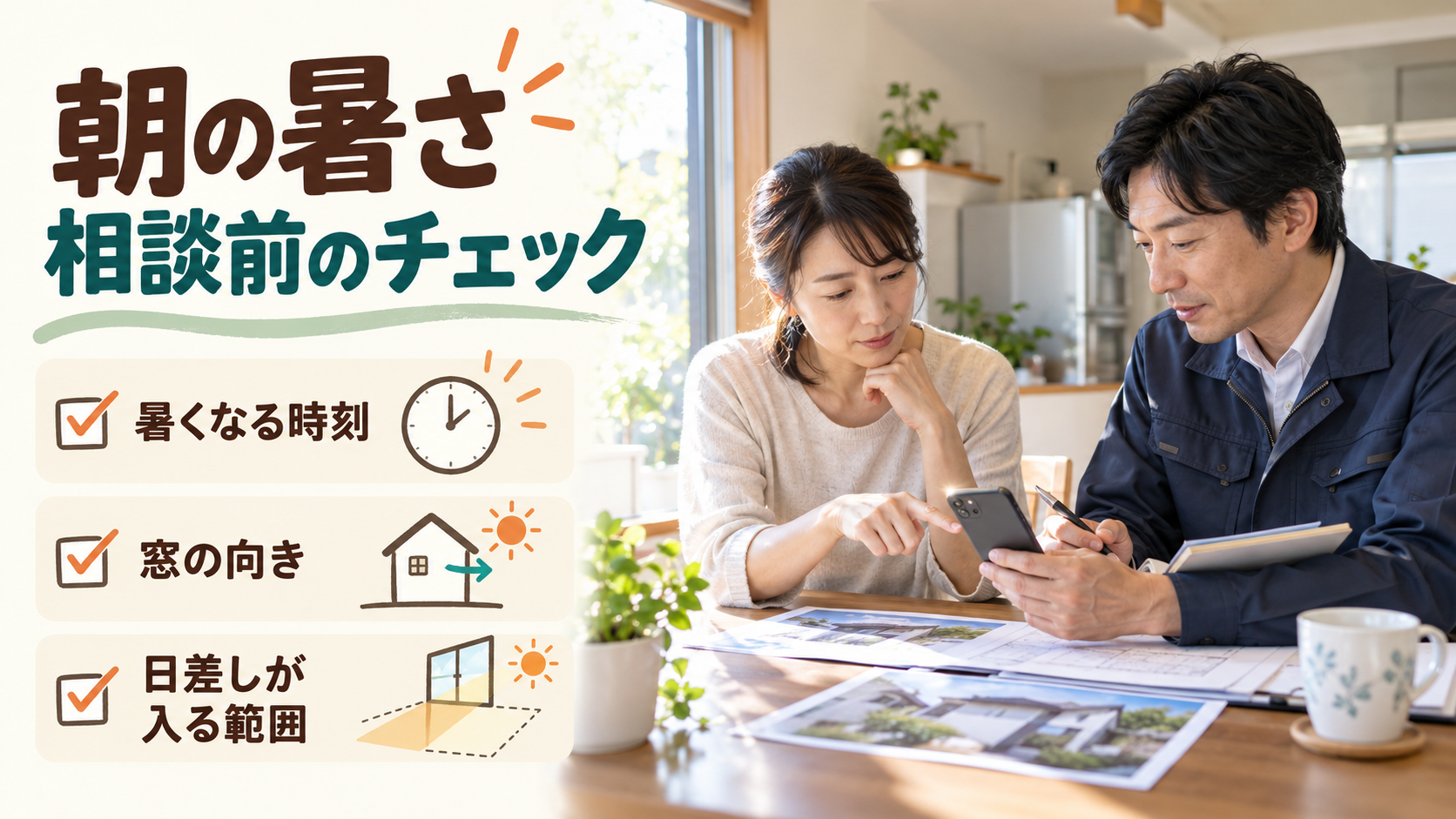 朝の暑さが気になる窓の写真と時刻の記録を施工店に相談するイメージ