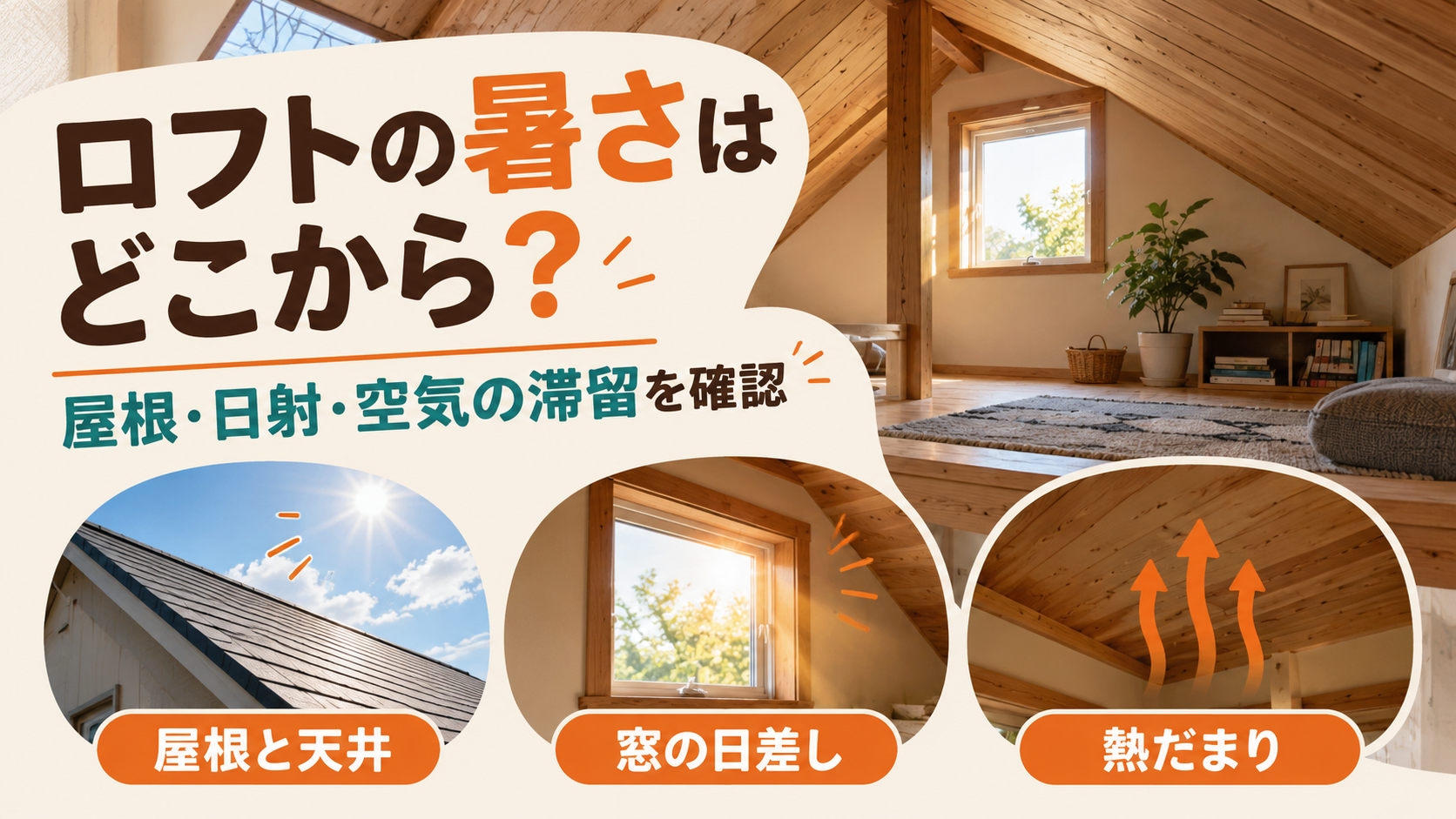 ロフトの暑さを屋根と天井、窓の日射、空気の滞留に分けて確認するイメージ