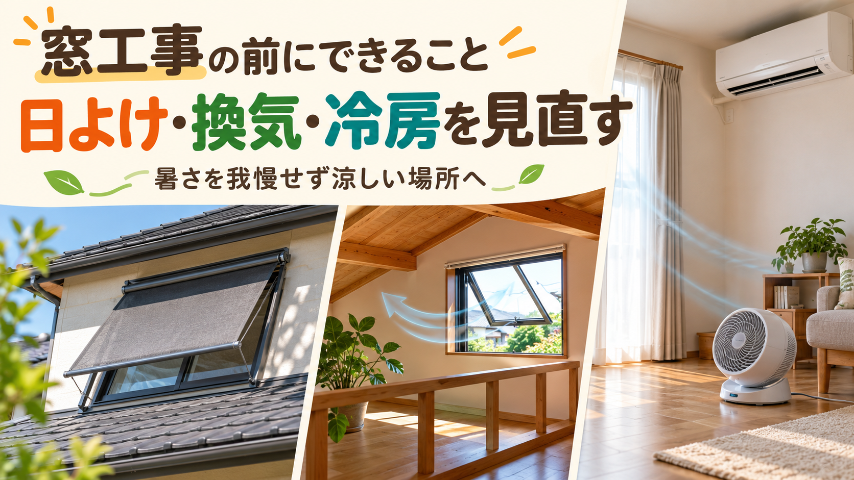 ロフトの暑さに対して安全な日よけ、換気、冷房と空気の循環を考えるイメージ