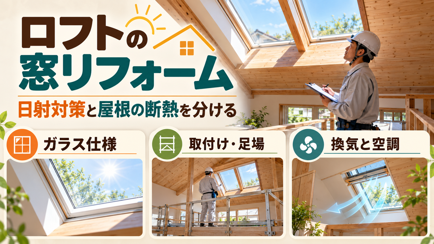 ロフトの窓の日射対策と屋根の断熱を分けて工事の範囲を確認するイメージ
