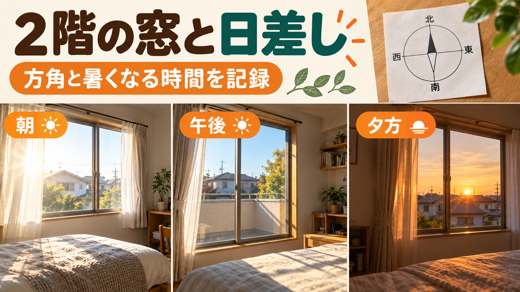 2階の窓の方角と朝、午後、夕方に日差しが入る時間を記録するイメージ