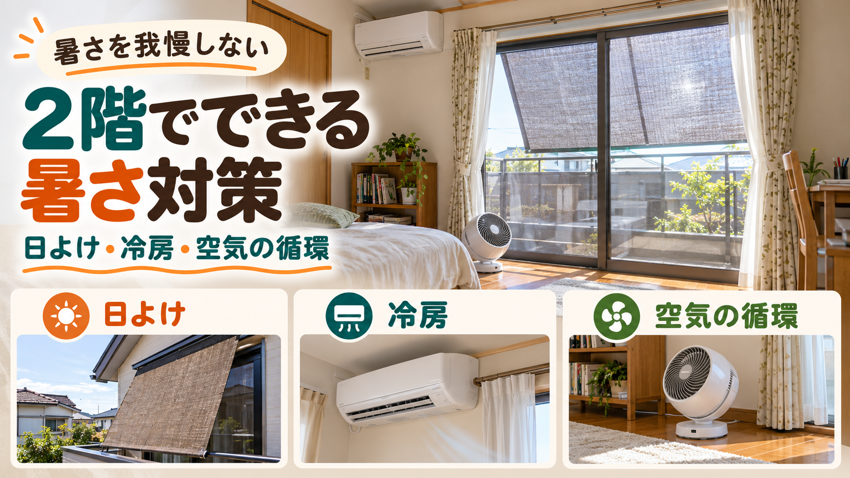 2階の部屋で日よけや冷房、平らな床に置くサーキュレーターを組み合わせるイメージ