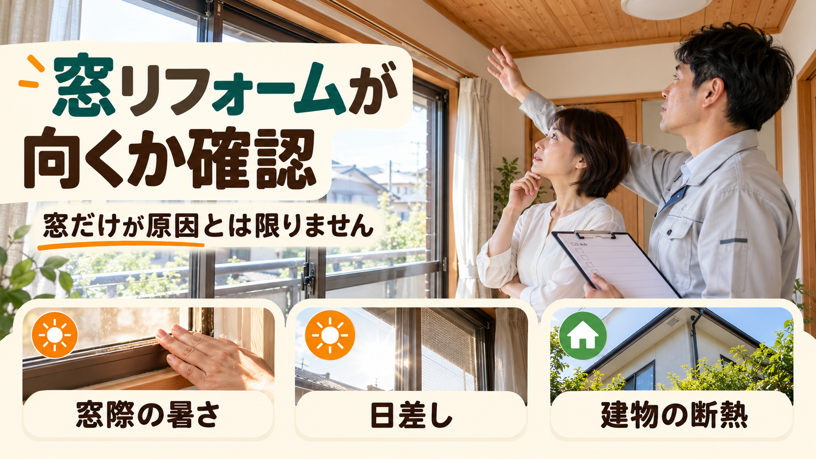 窓際の暑さや日差しと建物全体の断熱を調べ窓改修の必要性を確認するイメージ