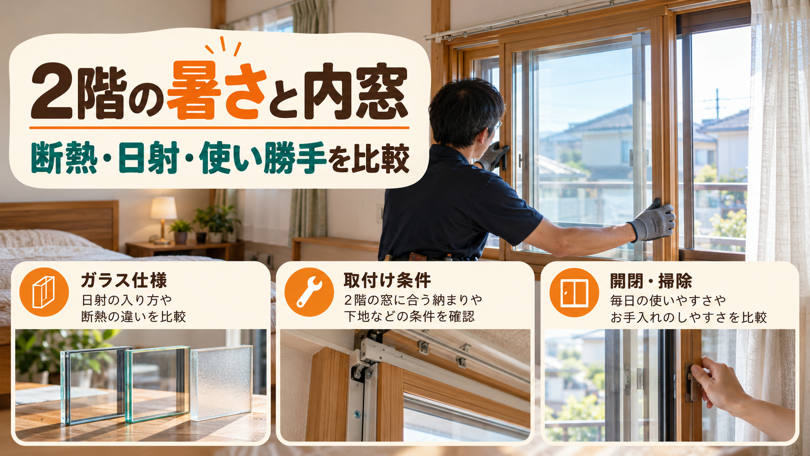 内窓のガラス仕様と取付け条件、開閉や掃除の使い勝手を比較するイメージ