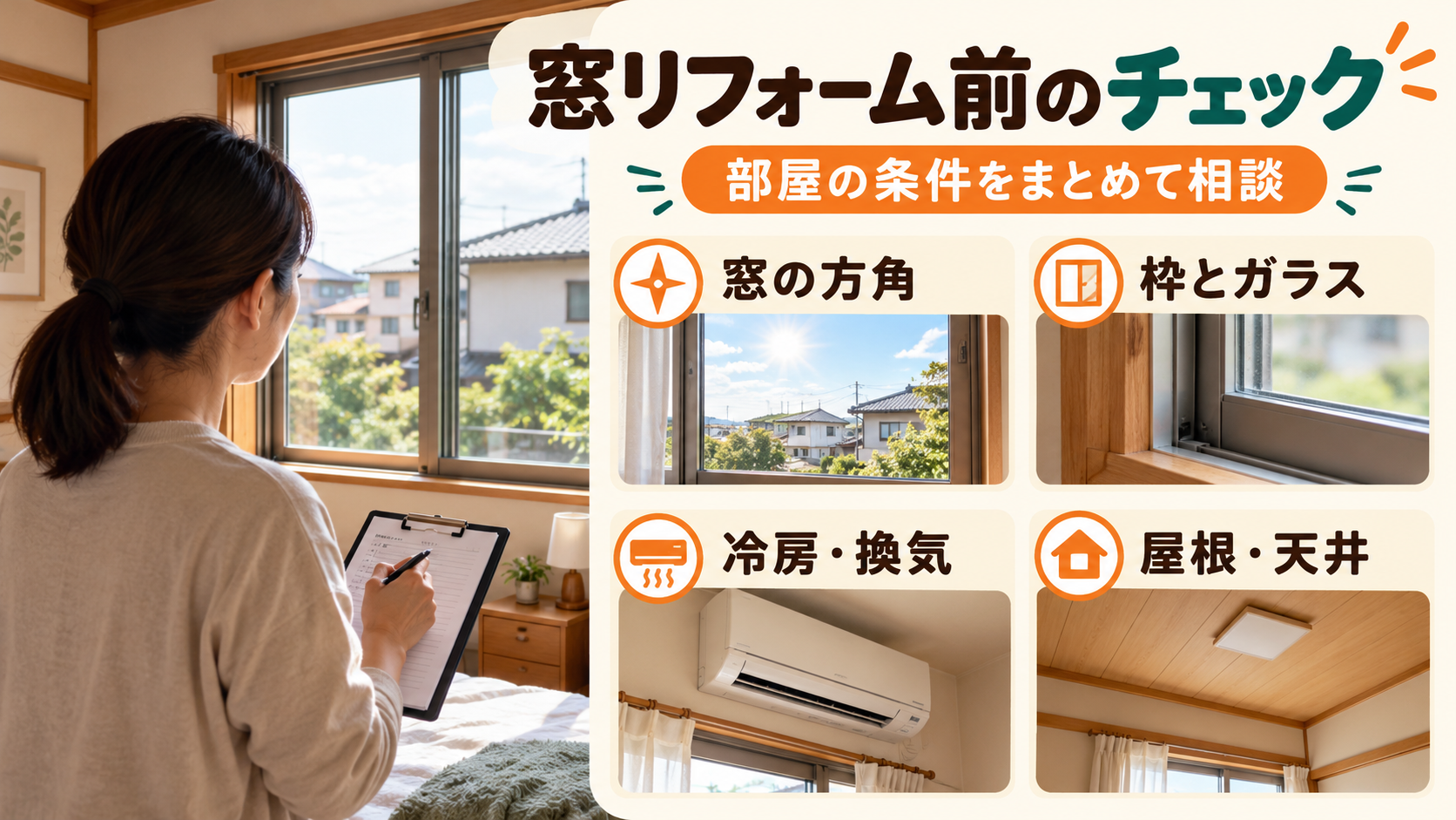 2階の窓の方角や枠とガラス、冷房や換気、屋根と天井の状態を相談するイメージ