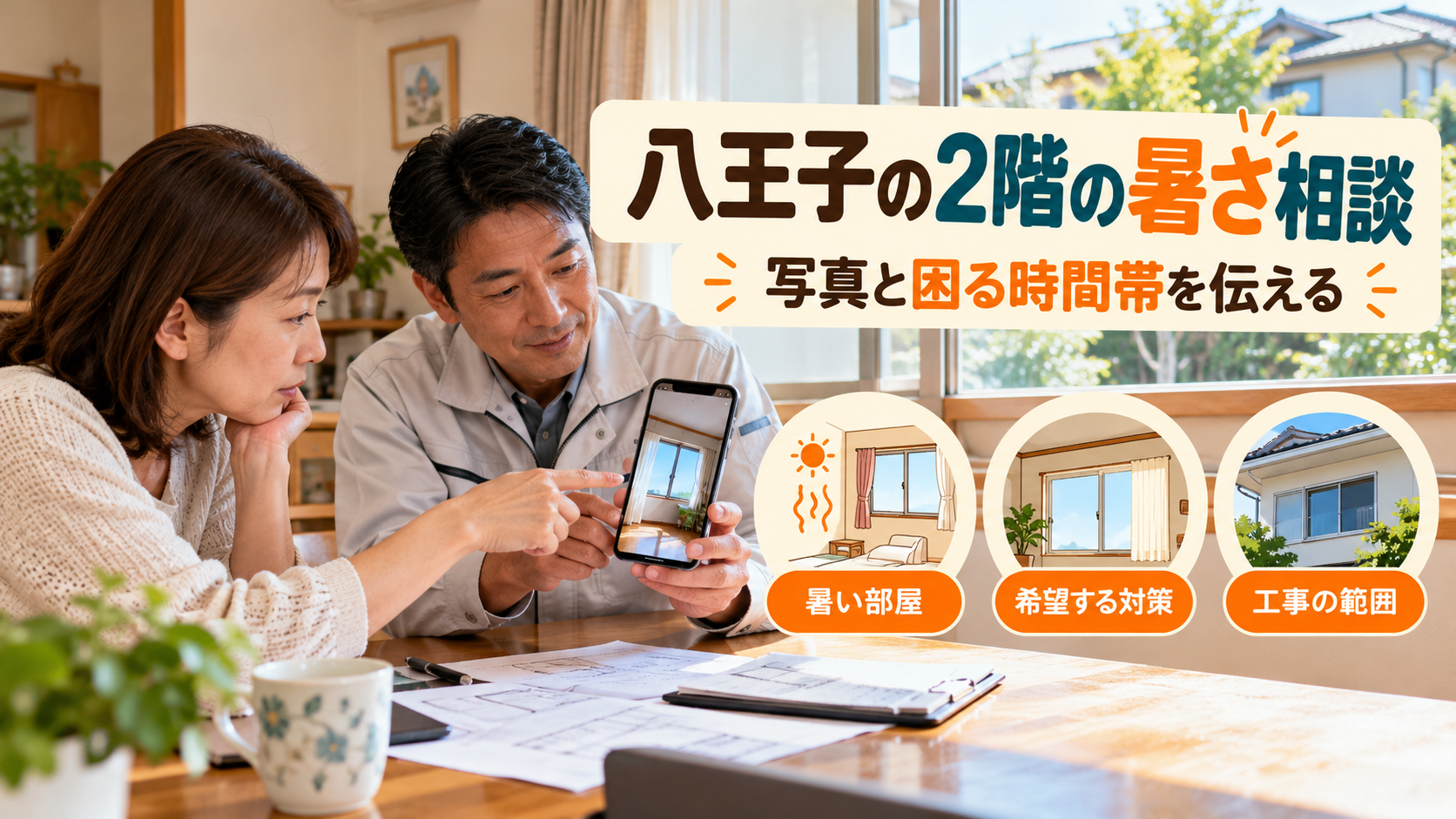 2階の暑い部屋の写真や困る時間帯と希望する対策を施工店に伝えるイメージ