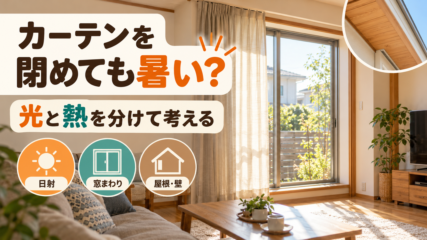 遮光カーテンを閉めた窓の日差しと窓以外の熱を分けて暑さを確認するイメージ