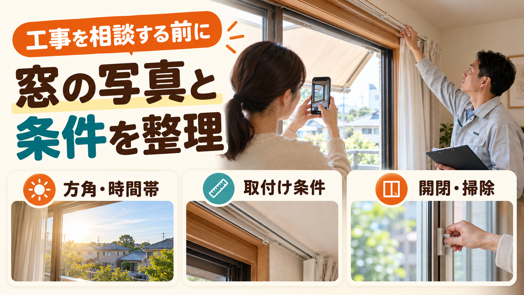 窓の写真や方角、外側の取付け条件と日常の使い方を施工店に伝えるイメージ
