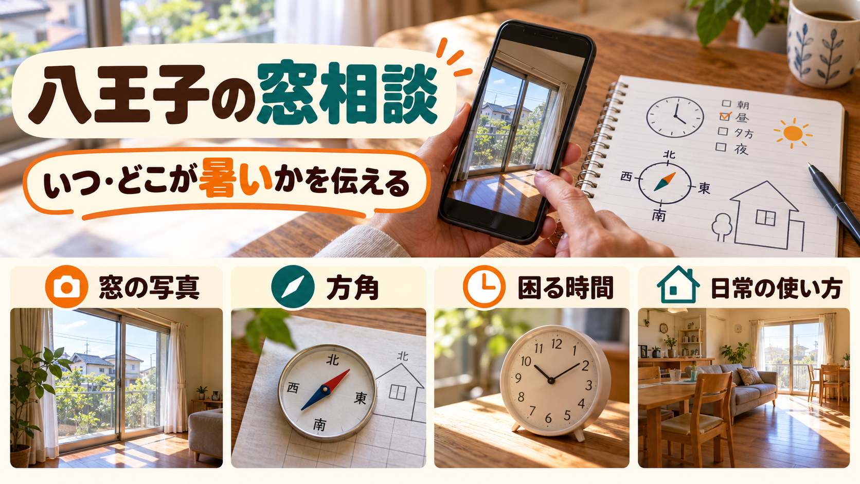 窓の写真と方角、困る時間帯、開閉や家具の条件を相談前に整理するイメージ