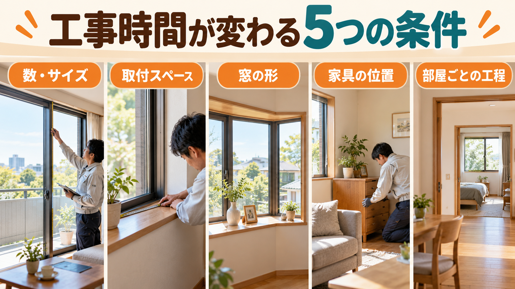 窓の数や大きさ、取付スペース、形状、家具の位置と部屋ごとの施工を確認するイメージ