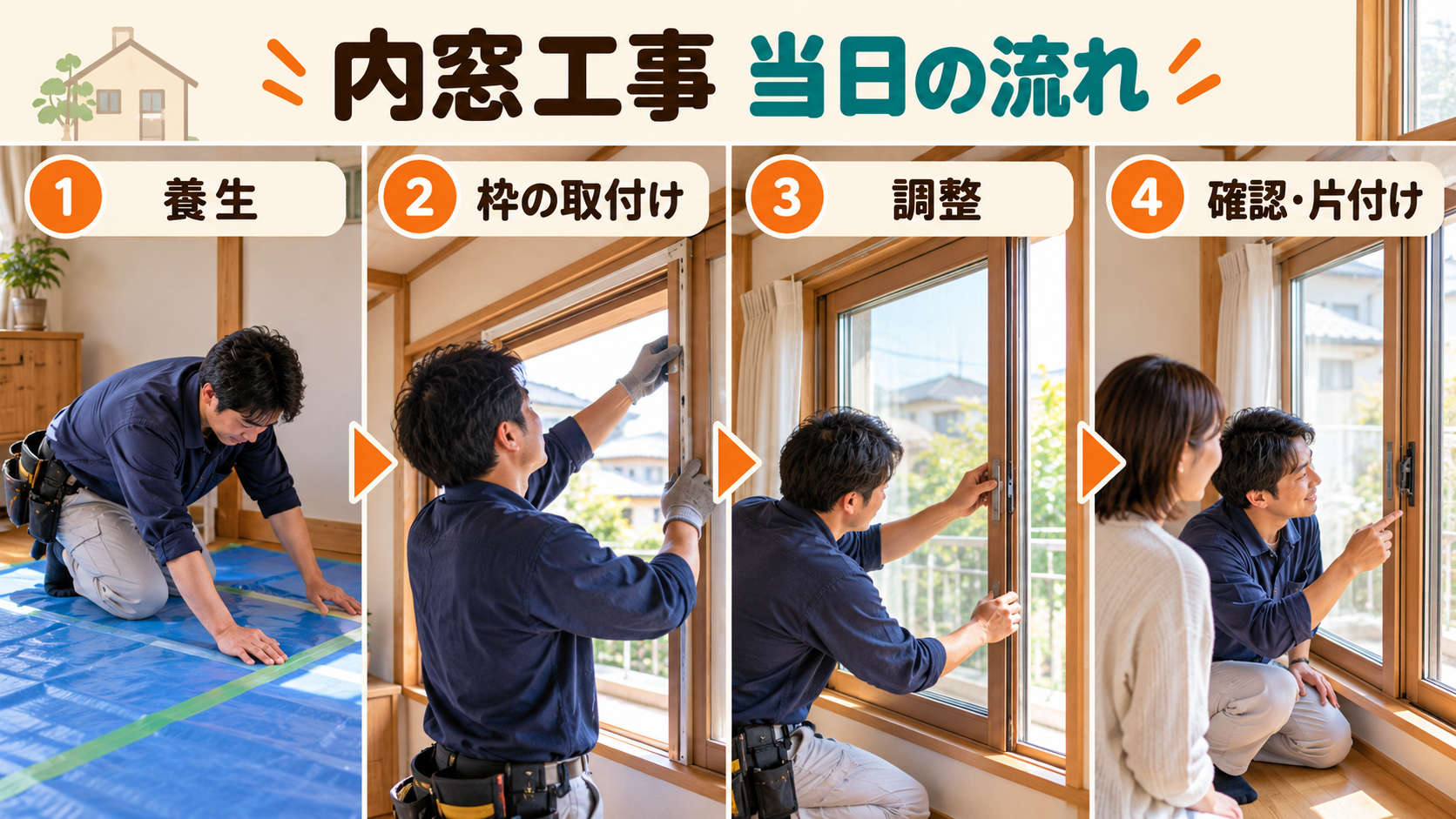 内窓工事の養生、枠の設置、窓本体の取付と動作確認を示すイメージ