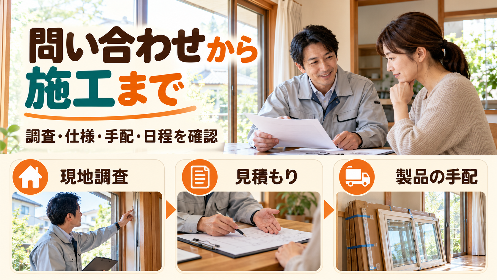 内窓の現地調査、仕様と見積もりの確認、製品手配と施工日の調整を相談するイメージ