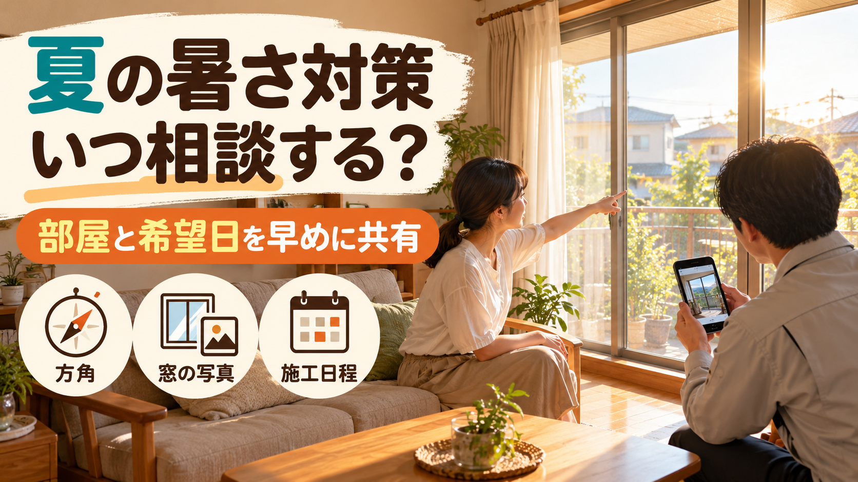 夏の暑さを感じる部屋の方角や窓の写真を用意して施工日程を相談するイメージ