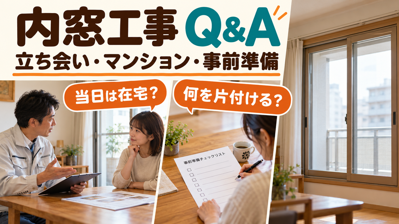 内窓工事の立ち会い、マンションの手続き、当日の準備について相談するイメージ