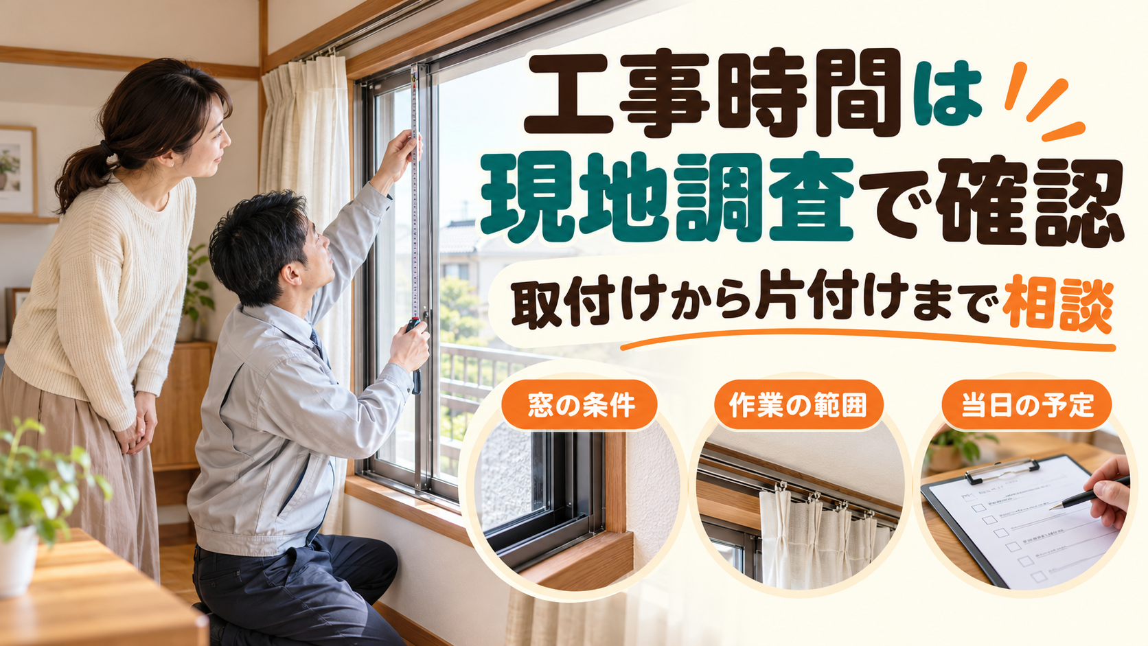 内窓工事の日程を現地調査後に施工店と確認するイメージ