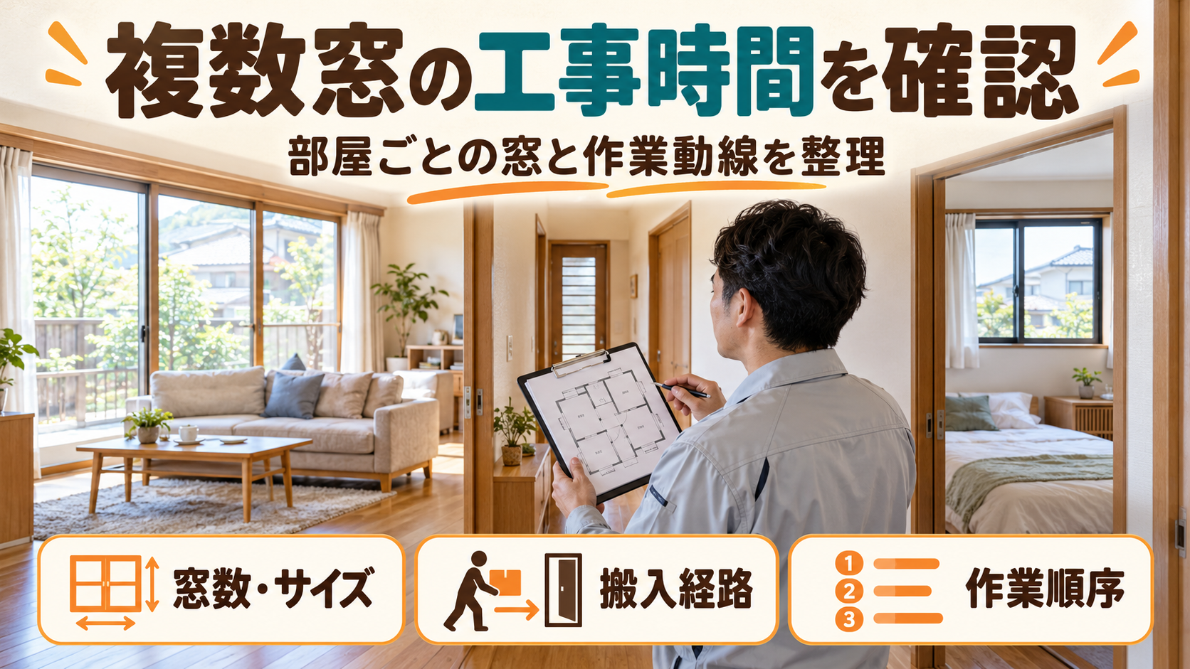 部屋ごとの窓数やサイズ、搬入と作業スペースを確認して複数窓の工事を計画するイメージ