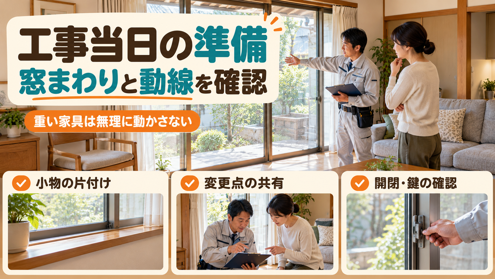 内窓工事前に窓の周りの小物や家具、作業動線を安全に確認するイメージ