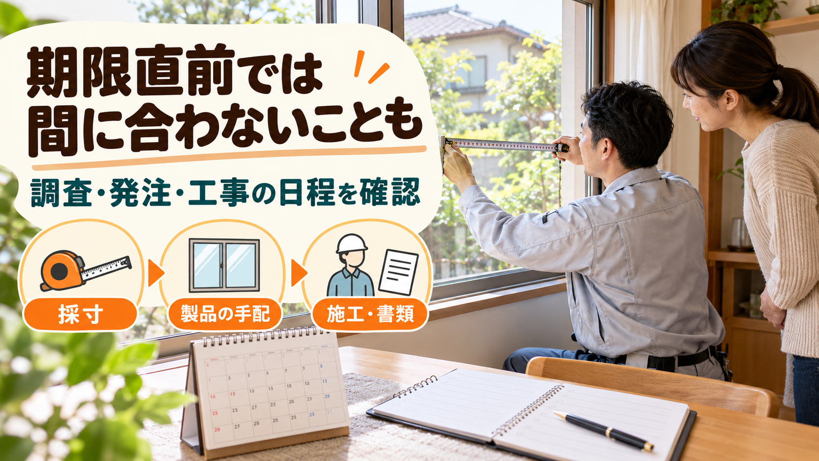 現地調査、発注、施工と書類準備の日程を期限から逆算して確認するイメージ