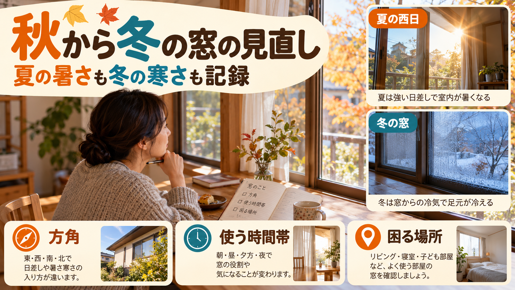 秋に窓の方角や使う時間帯、夏の暑さと冬の寒さを振り返るイメージ