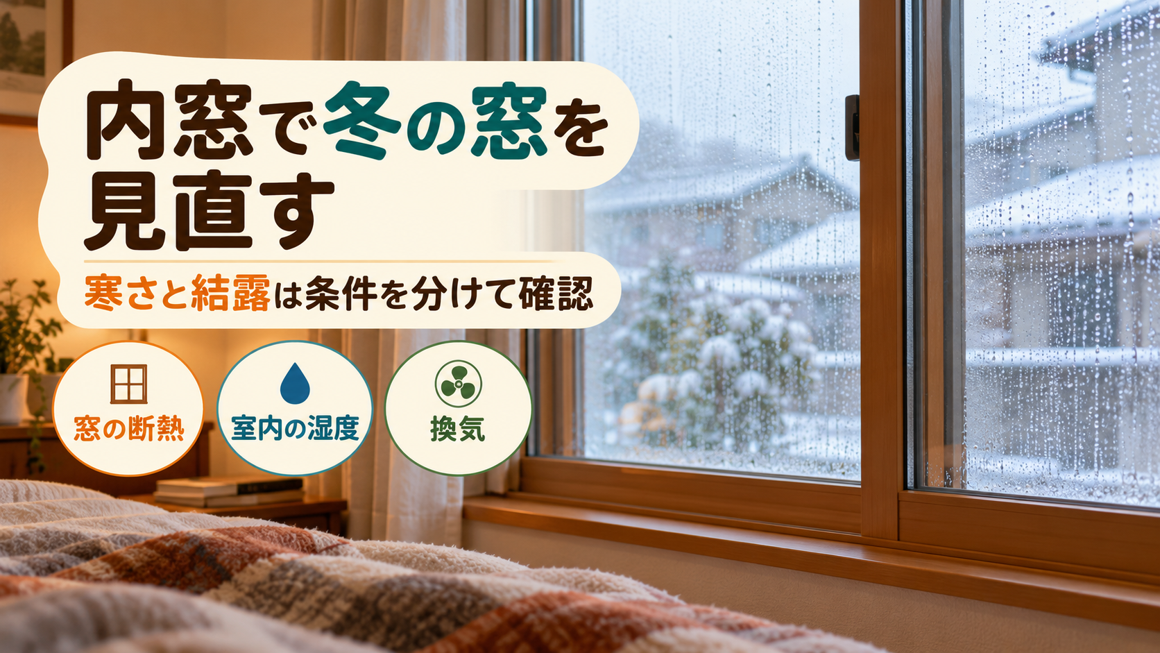 冬の窓の断熱と室内湿度、換気を分けて寒さや結露を確認するイメージ