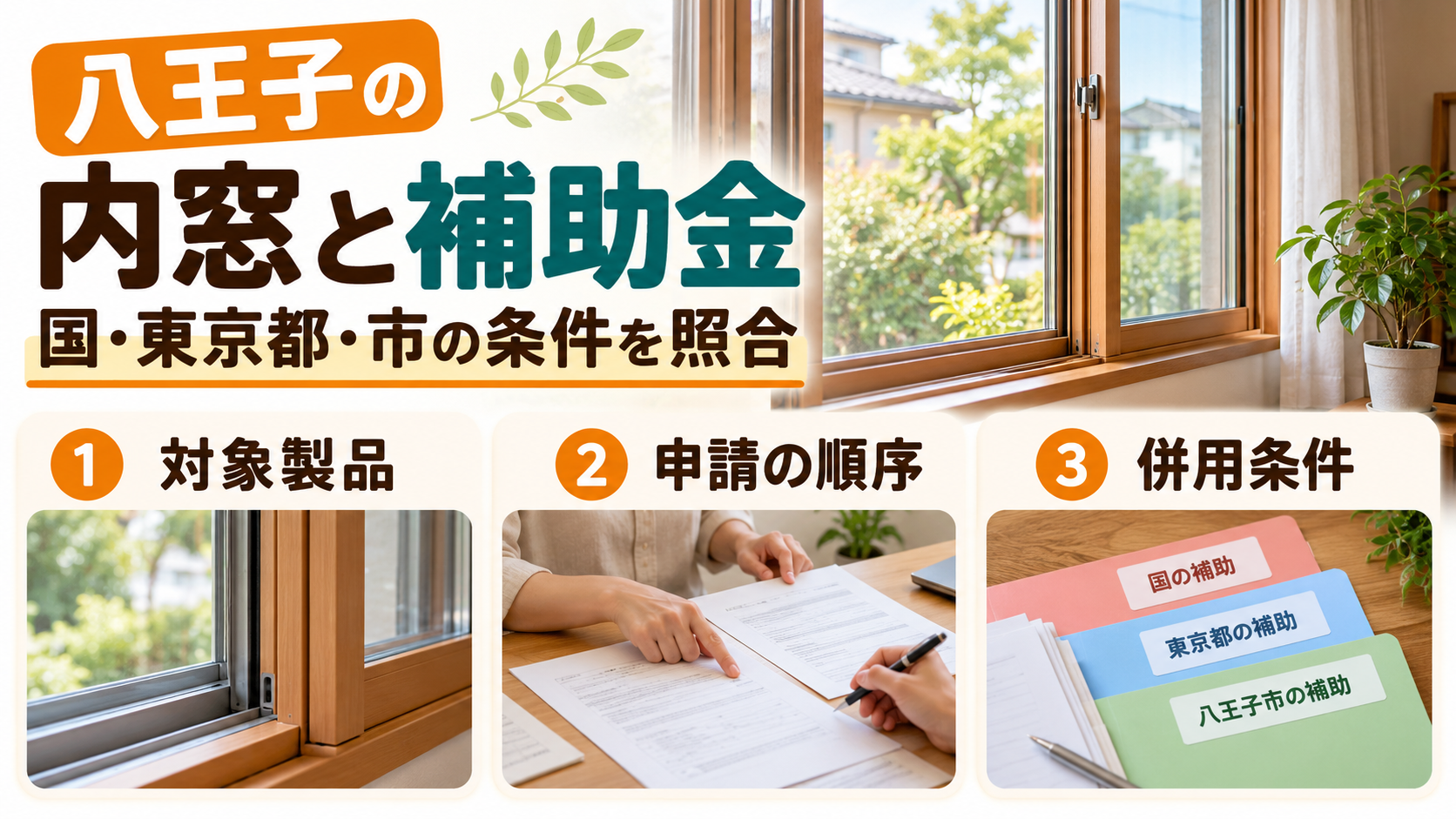 八王子の内窓工事について国、東京都、市の条件や申請の順序を照合するイメージ