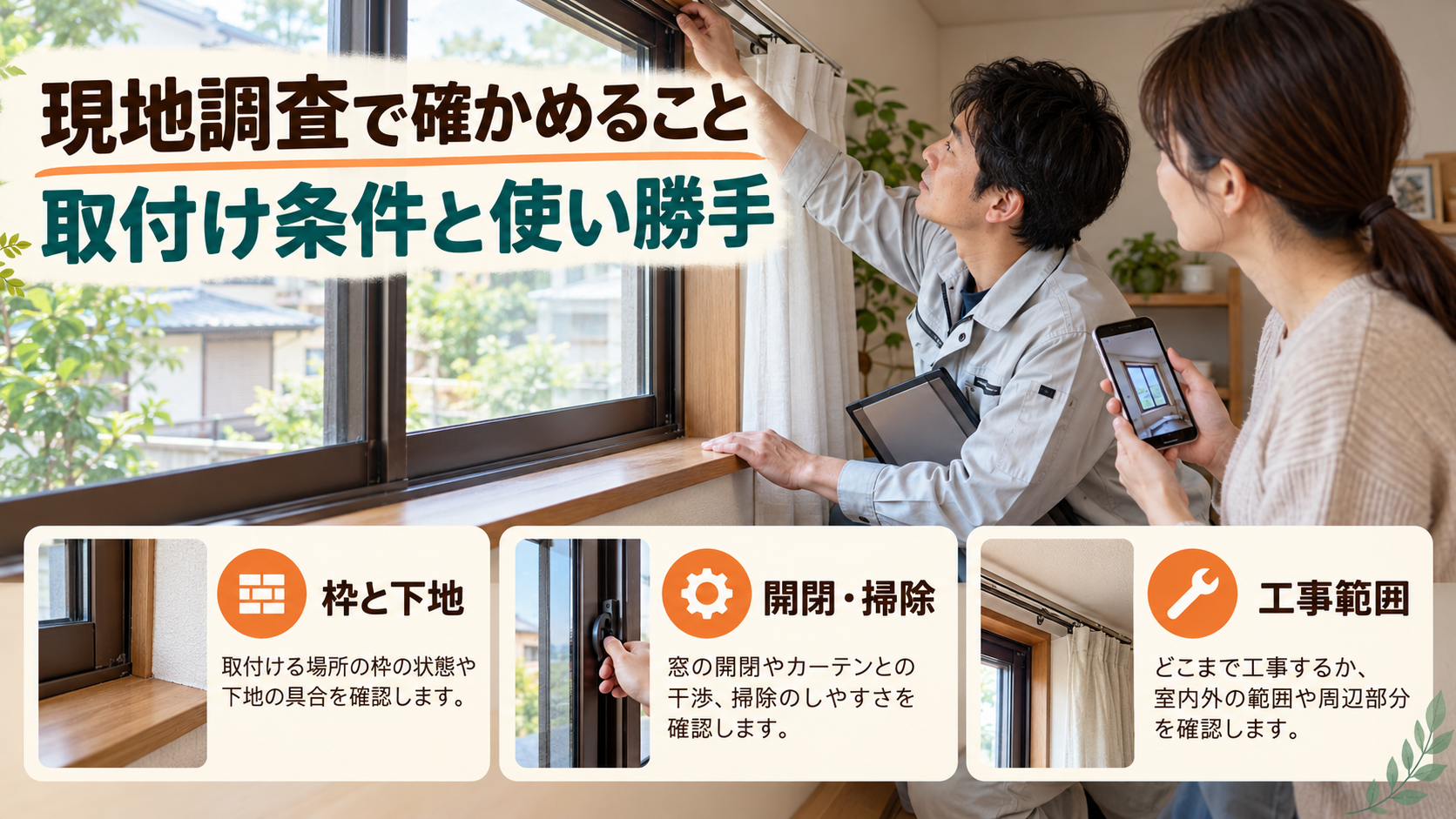 窓枠と下地、開閉や掃除の方法、工事範囲を現地で調べるイメージ