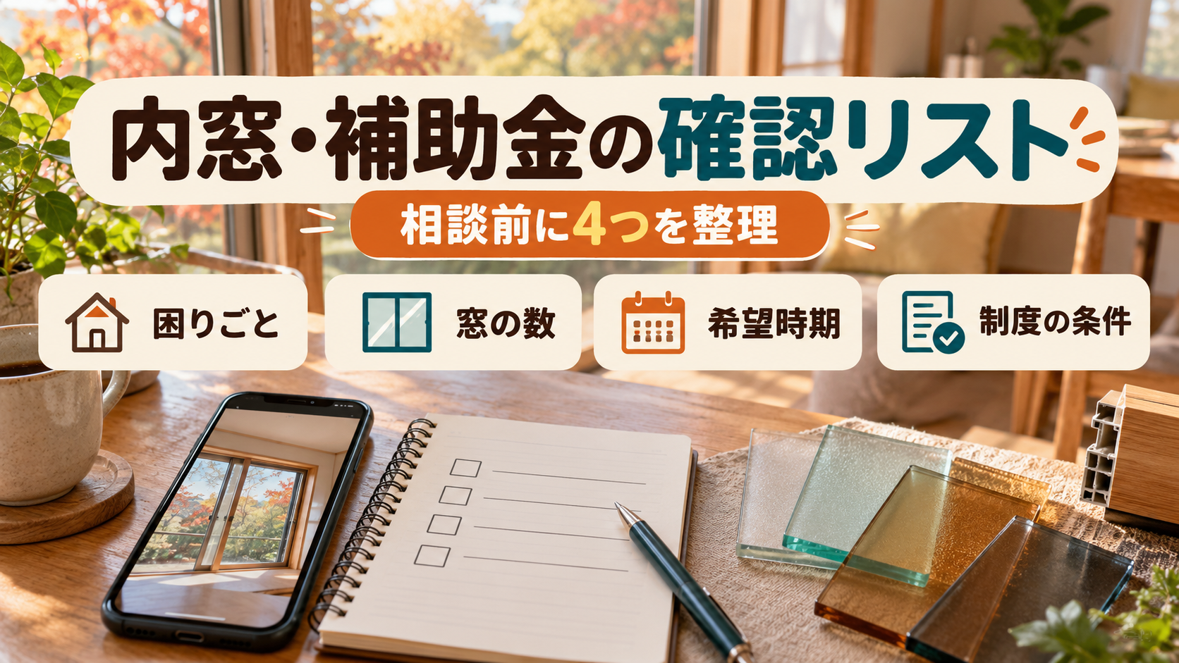 困りごと、窓の数、希望時期、検討する制度を相談前に整理するイメージ