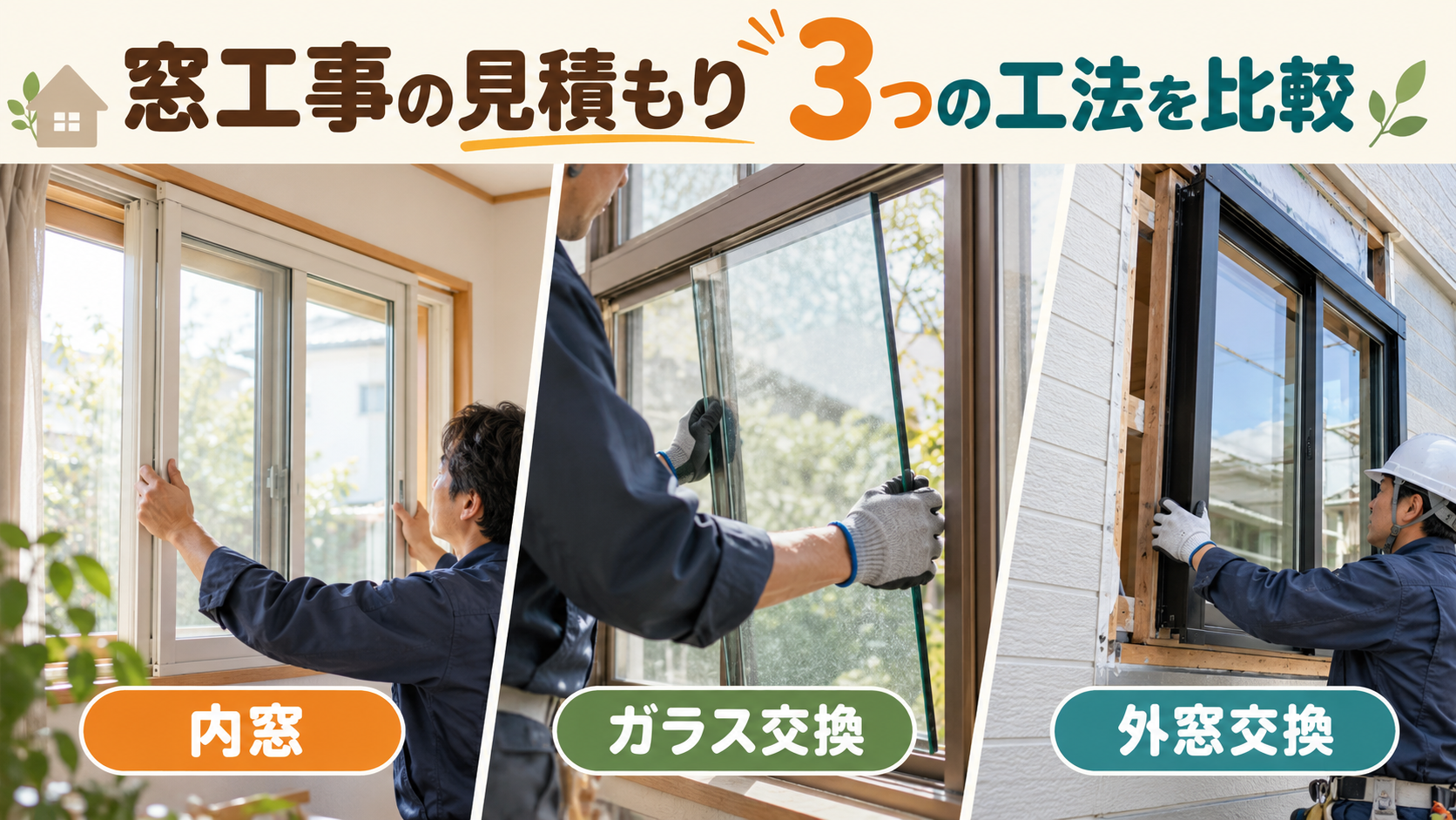 内窓とガラス交換と外窓交換の工事範囲や費用の内訳を比較する説明