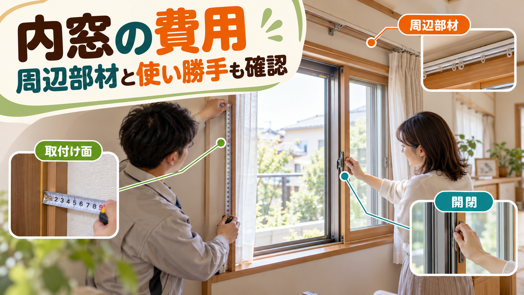内窓の取付けスペースとカーテンの位置を現地で確認する様子