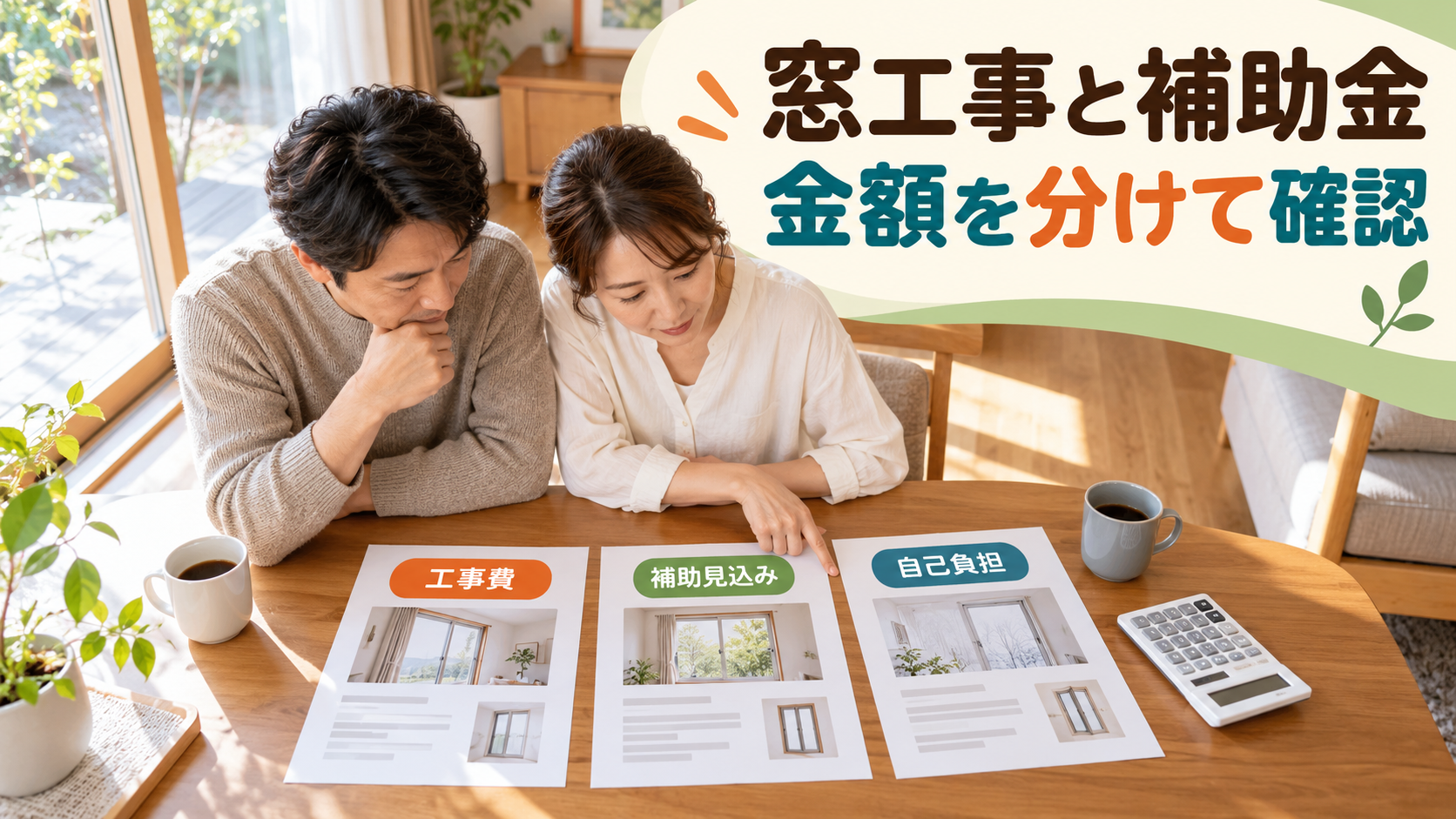 工事費と補助金の見込額と実際の自己負担を分けて相談する様子