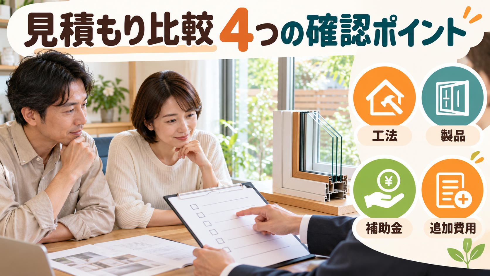 工法と製品仕様と補助金と追加費用の四項目を見積書で点検する様子
