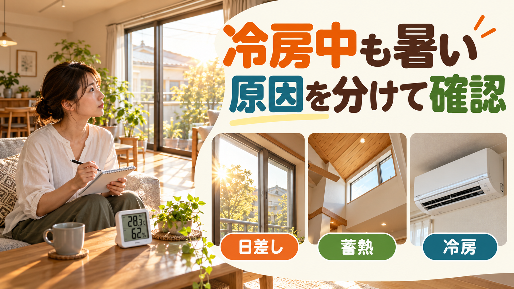 午後の日差しと二階の蓄熱とエアコンの状態を分けて確認する様子