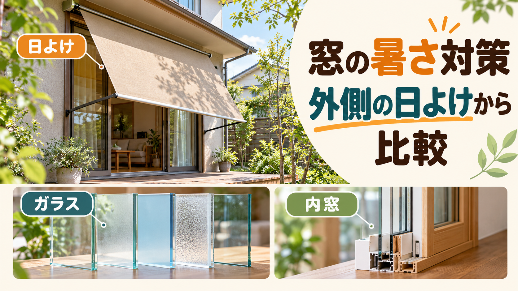 外付けシェードとガラス仕様と内窓を夏と冬の使い方に合わせて比較する様子