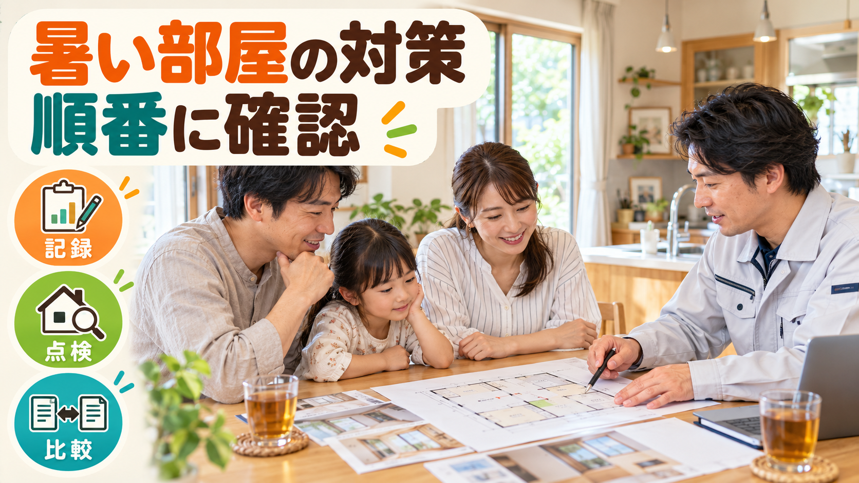 暑い部屋の記録と冷房点検と窓対策を順番に検討する資料