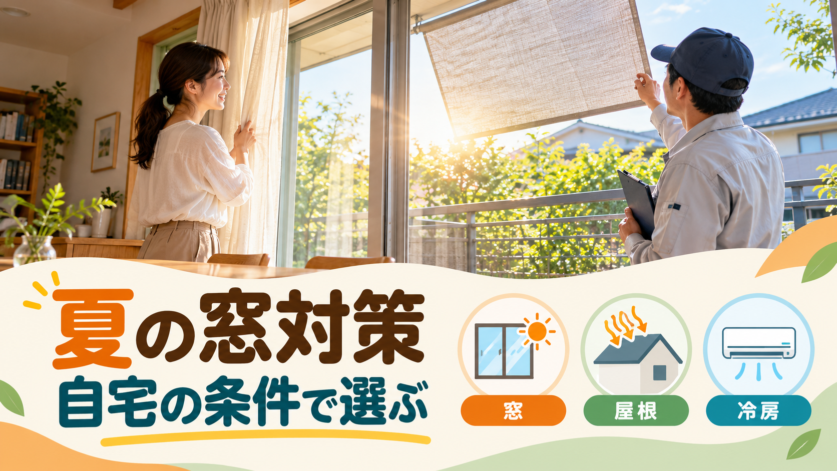 カーテンと外付けシェードと内窓について自宅の写真を見ながら相談する様子