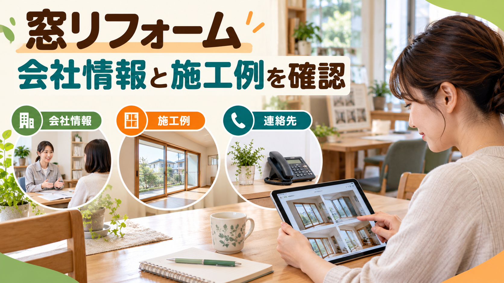 会社概要と実際の施工事例のページを見ながら相談先を確認するイメージ