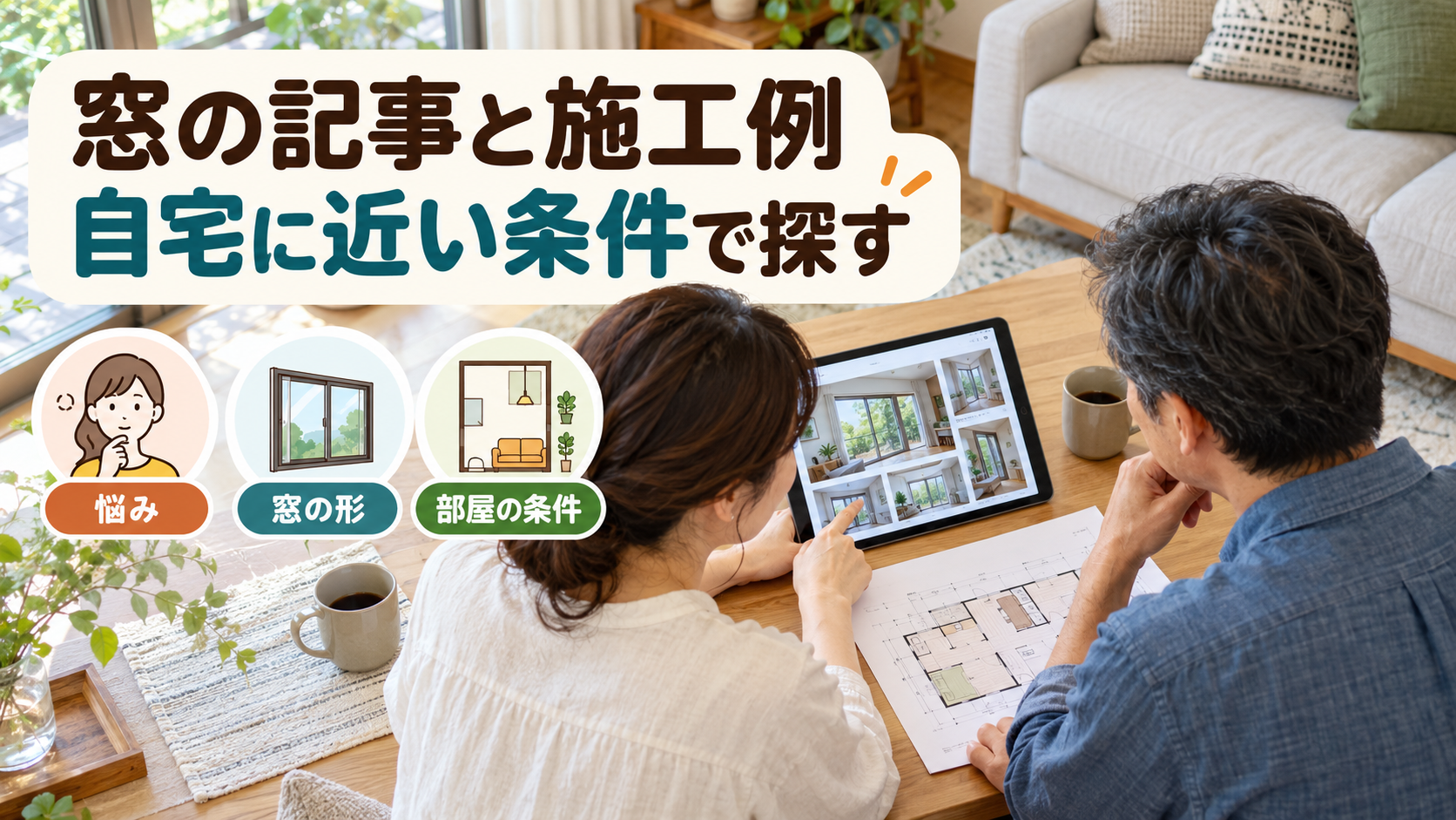 窓の悩みに合う記事と実際の施工事例をタブレットで探す様子