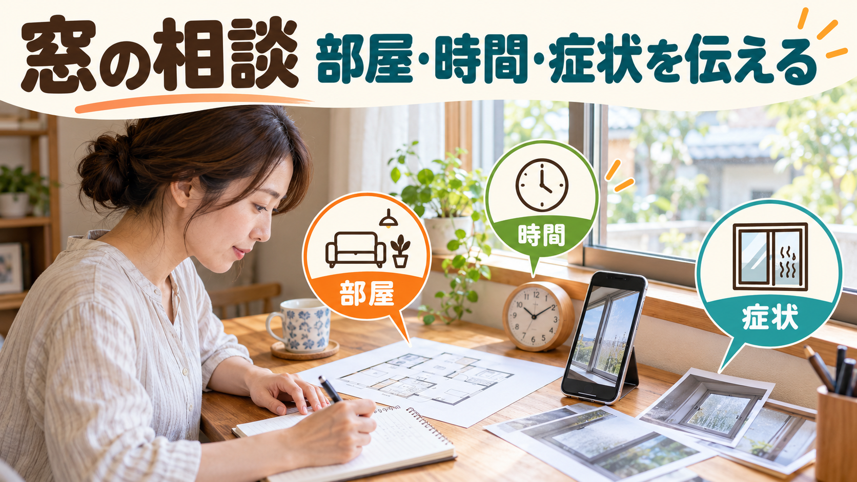 困っている部屋と時間帯と窓の写真を相談前に用意する様子