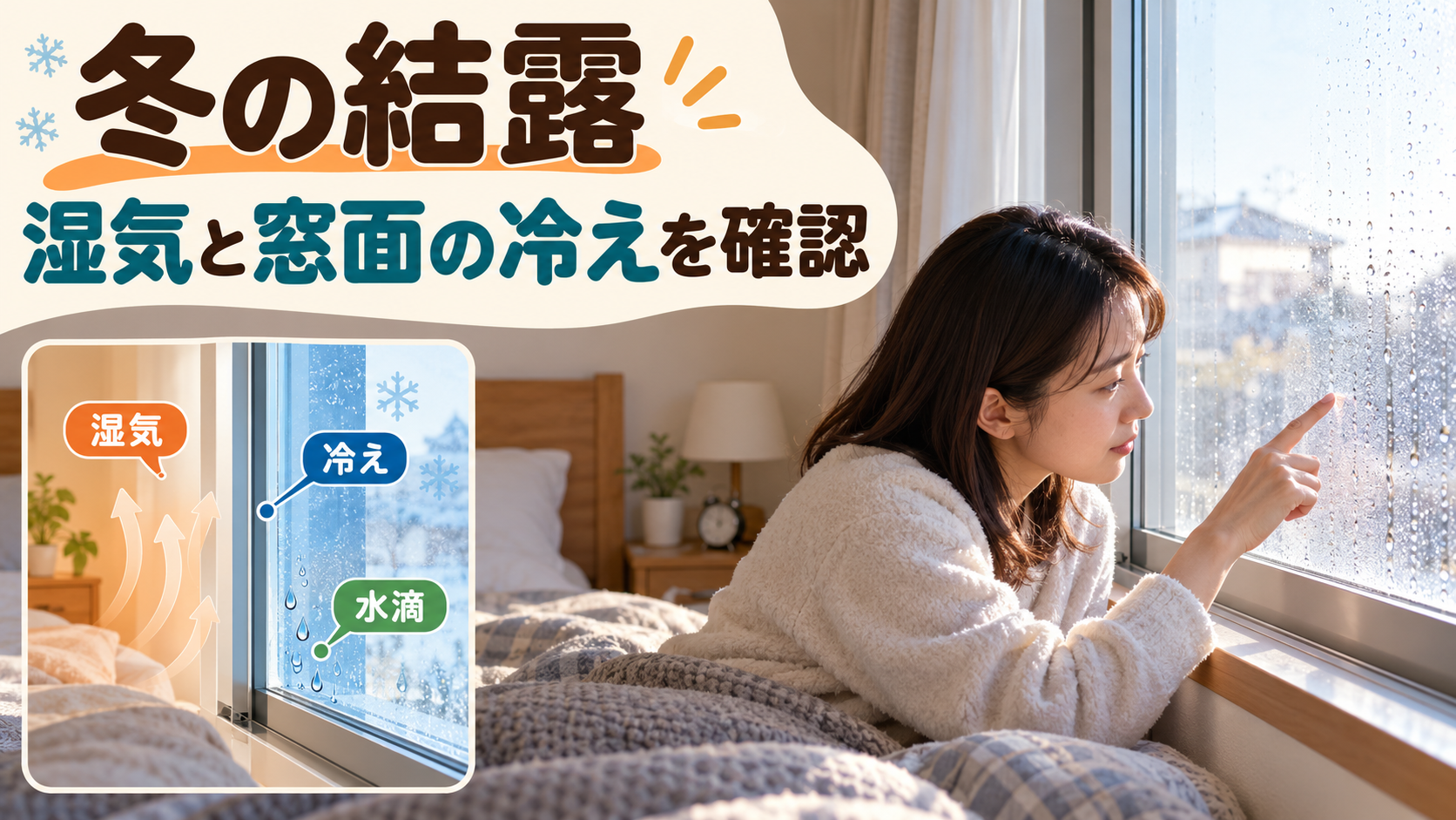 冬の室内の湿気が冷えた窓面で水滴になる仕組みを示す説明