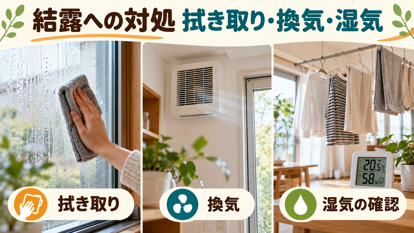 窓の水滴の拭き取りと換気と室内干しを確認する冬の住まい