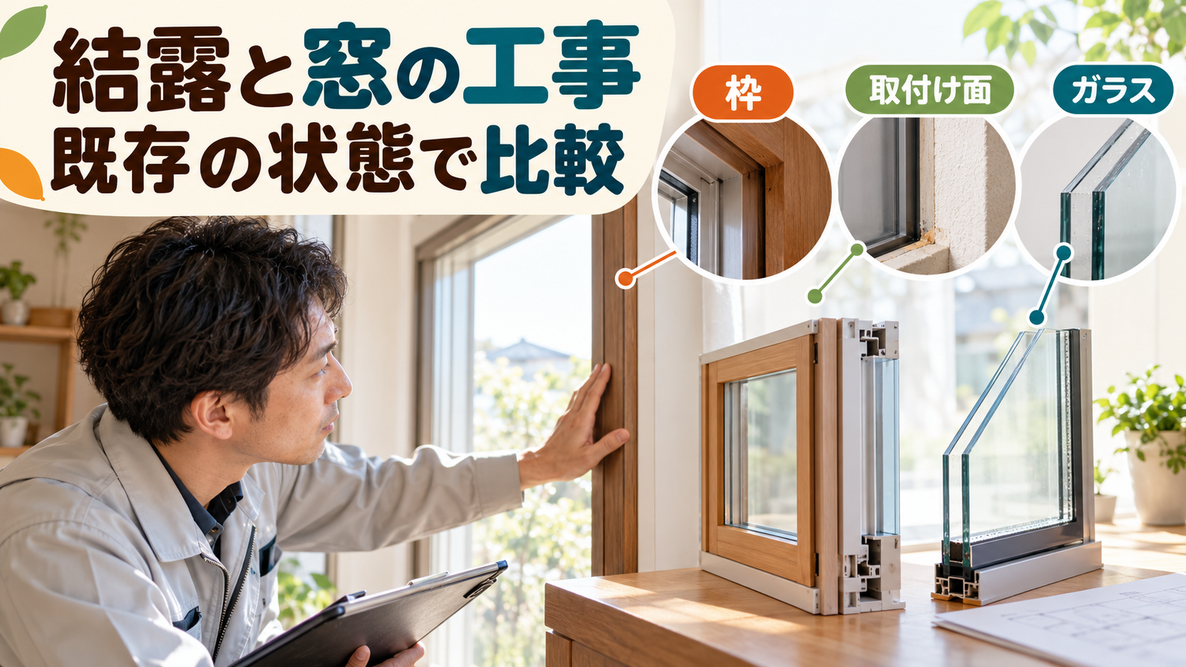 内窓とガラス交換を既存枠と結露の状態に合わせて比較する様子
