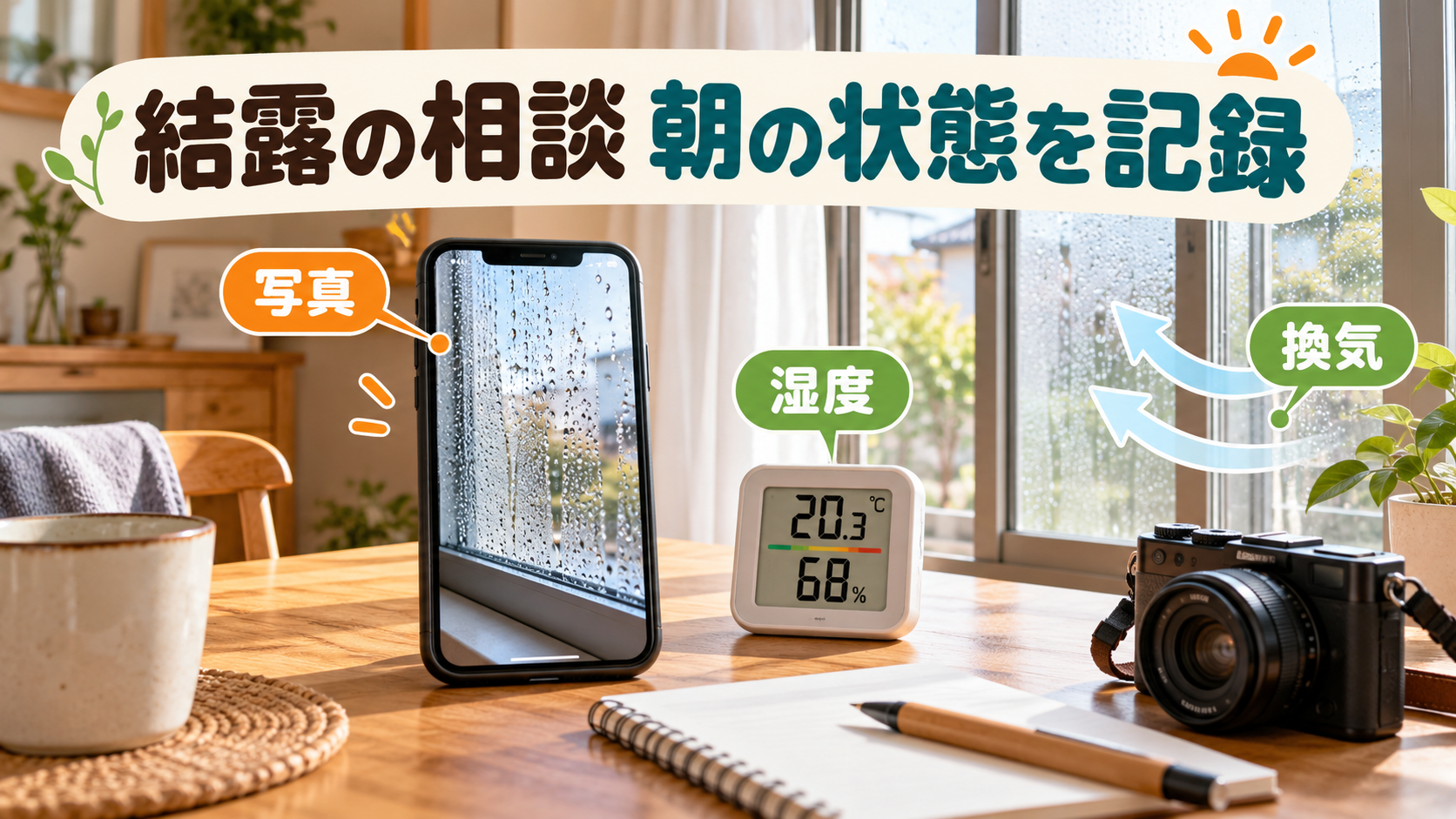 朝の水滴の写真と温湿度の記録と換気の状態を整理する様子