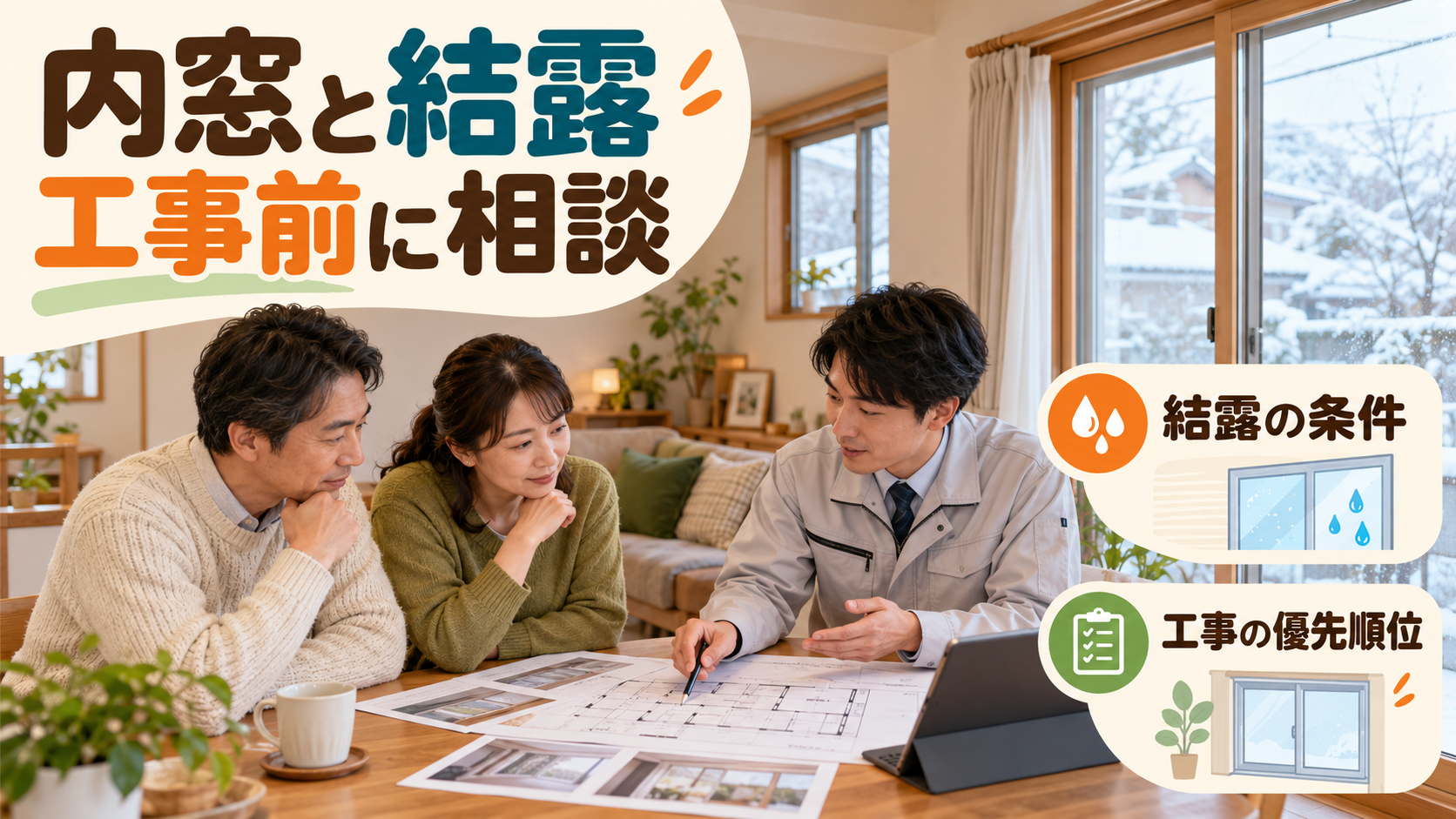 内窓の結露と工事する窓の優先順位について担当者と話し合う家族