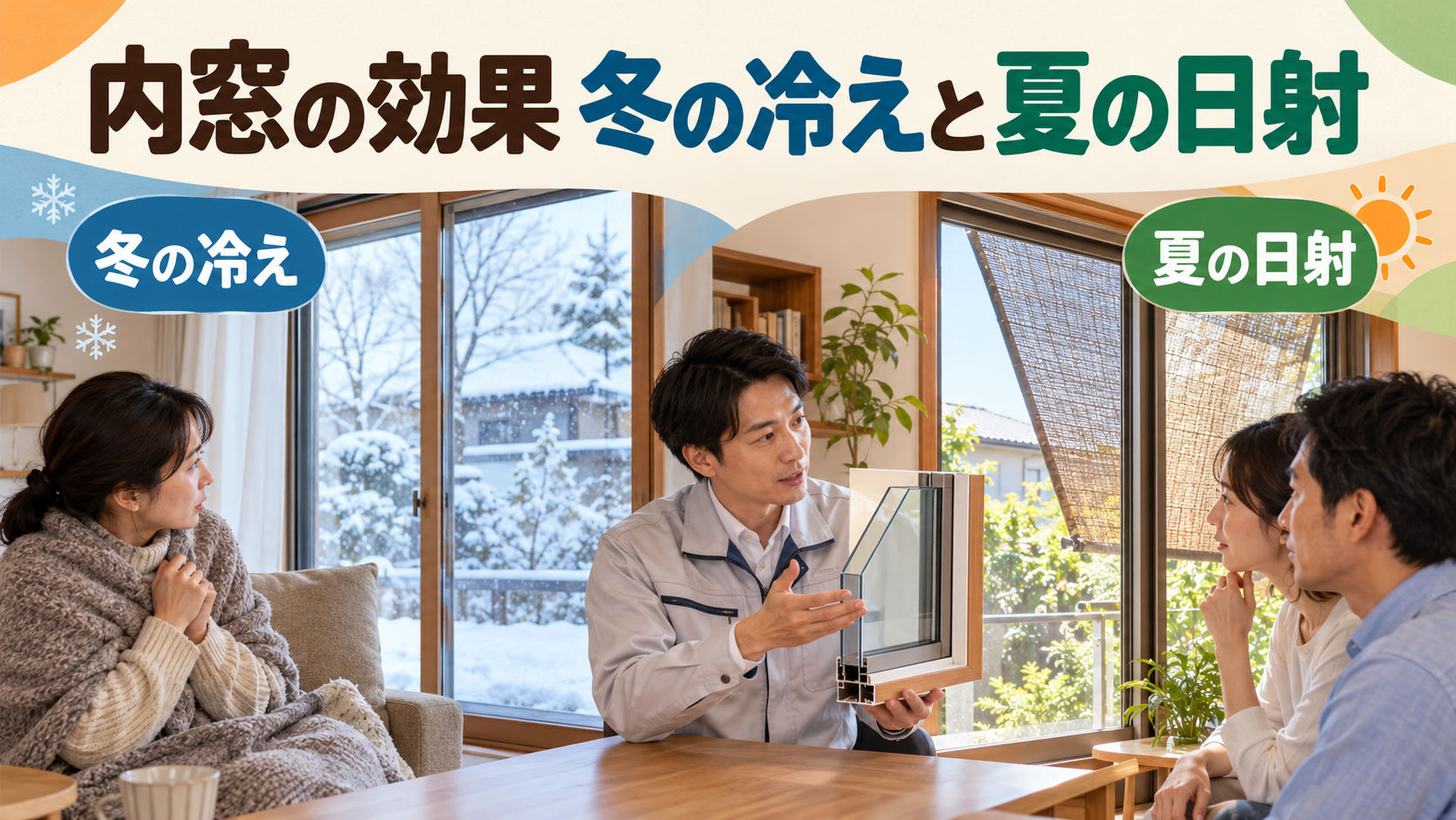冬の窓際の冷えと夏の日差しを部屋ごとに比較するイメージ